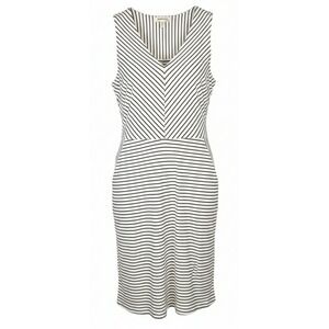 Monteau Midi Dress Small Blue/White Striped Tiered Sleeveless VNeck belt